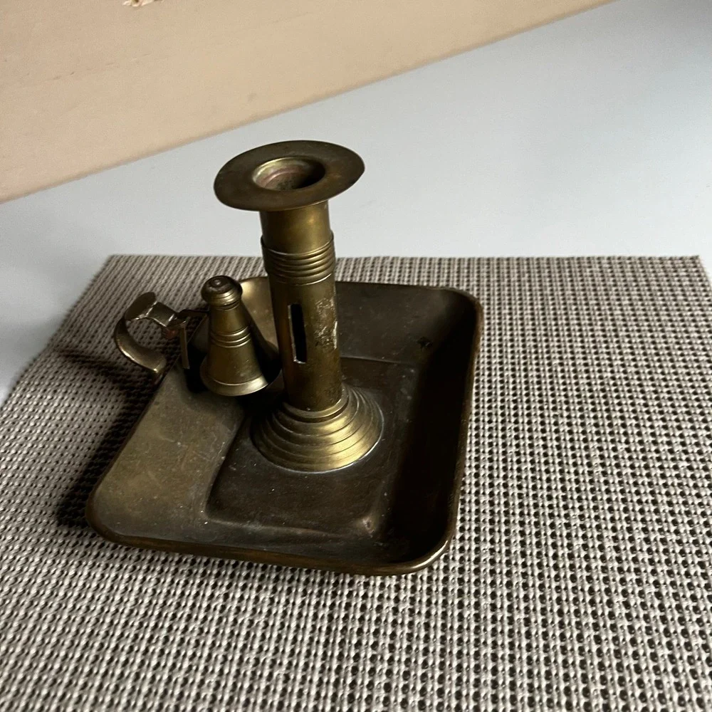 Vintage Brass Chamberstick Candle Holder with Snuffer‎ Rectangular Tray Handle